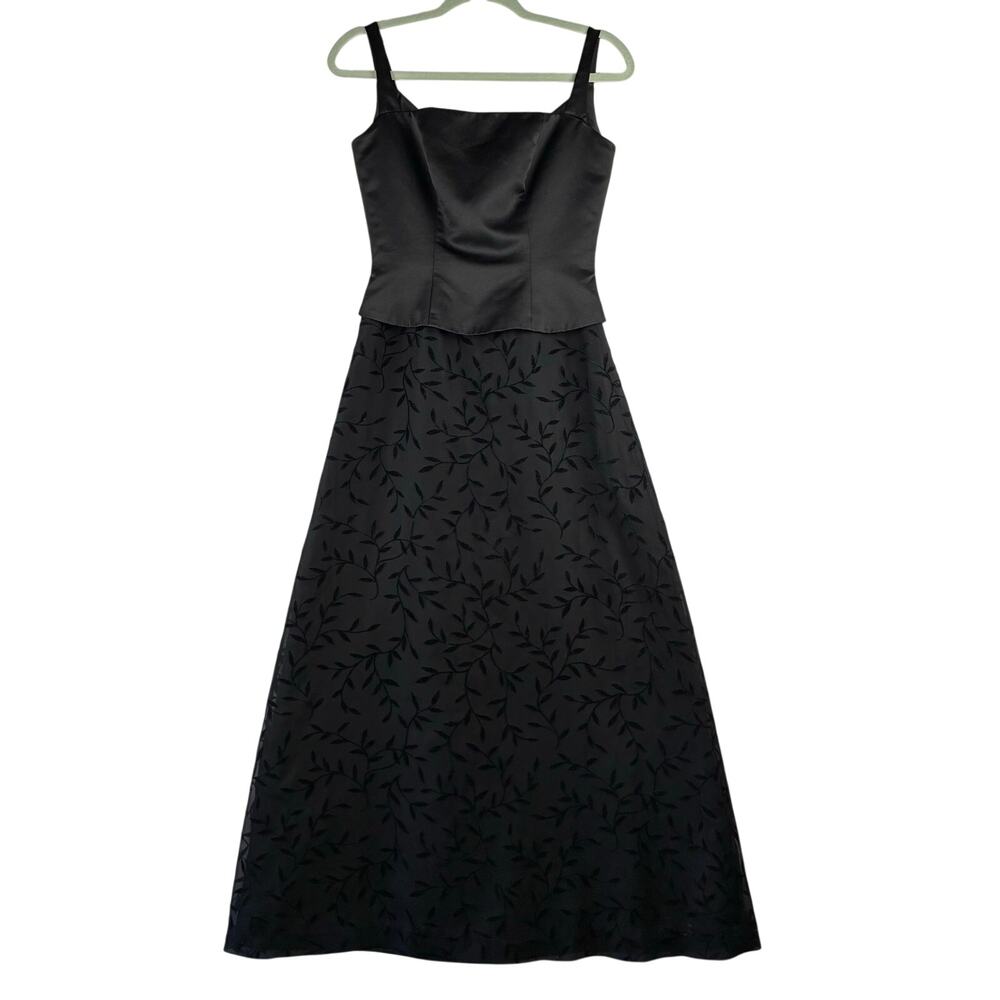 Vtg B2 Sleeveless Maxi Gown Dress Women's XS Black Satin Square Formal Y2K Vines
